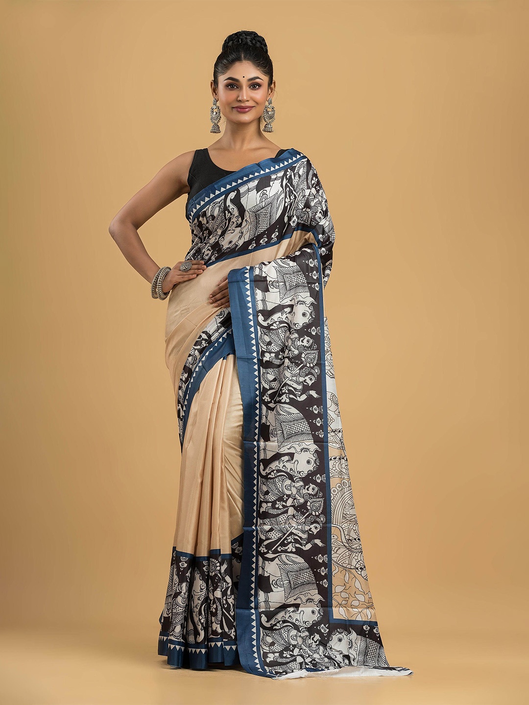 

Dheu Ethnic Motifs Block Print Saree, Beige