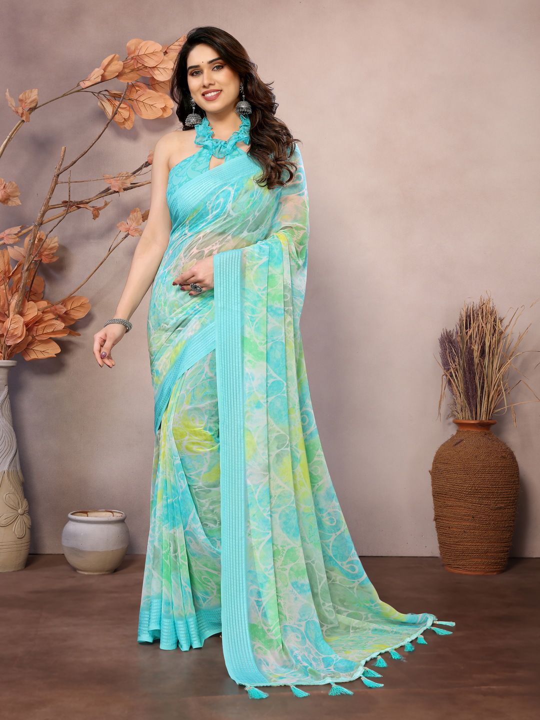 

PEORA'S CLOSET Paisley Printed Leheriya Saree, Turquoise blue