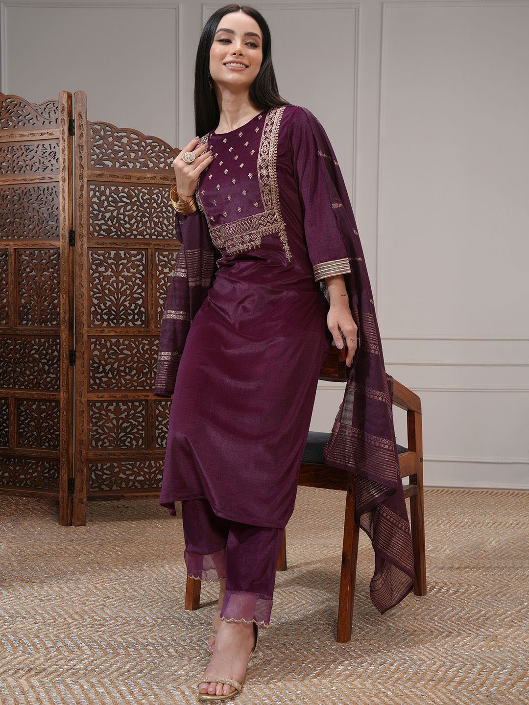 

Vishudh Women Ethnic Motifs Embroidered Regular Sequinned Kurta with Trousers & With Dupatta, Purple