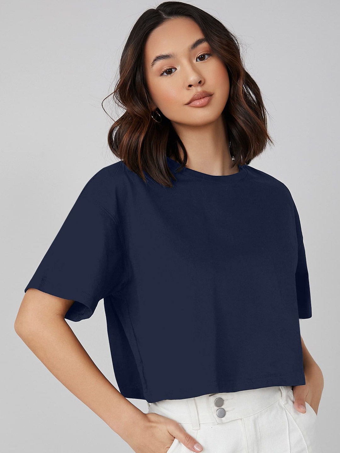 

AAHWAN Women Extended Sleeves Cotton Boxy Crop Top, Navy blue