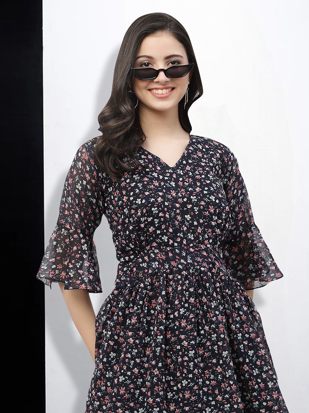 

MISS AYSE Floral Print Applique Fit & Flare Dress, Navy blue