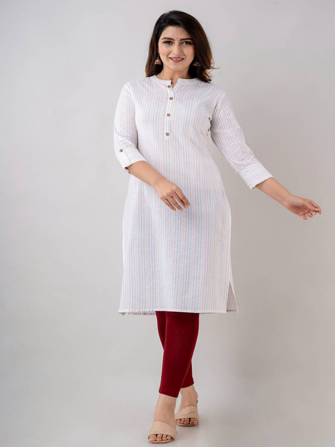 

WESTERN COTTON Striped Mandarin Collar Roll-Up Sleeves Cotton Straight Kurta, White