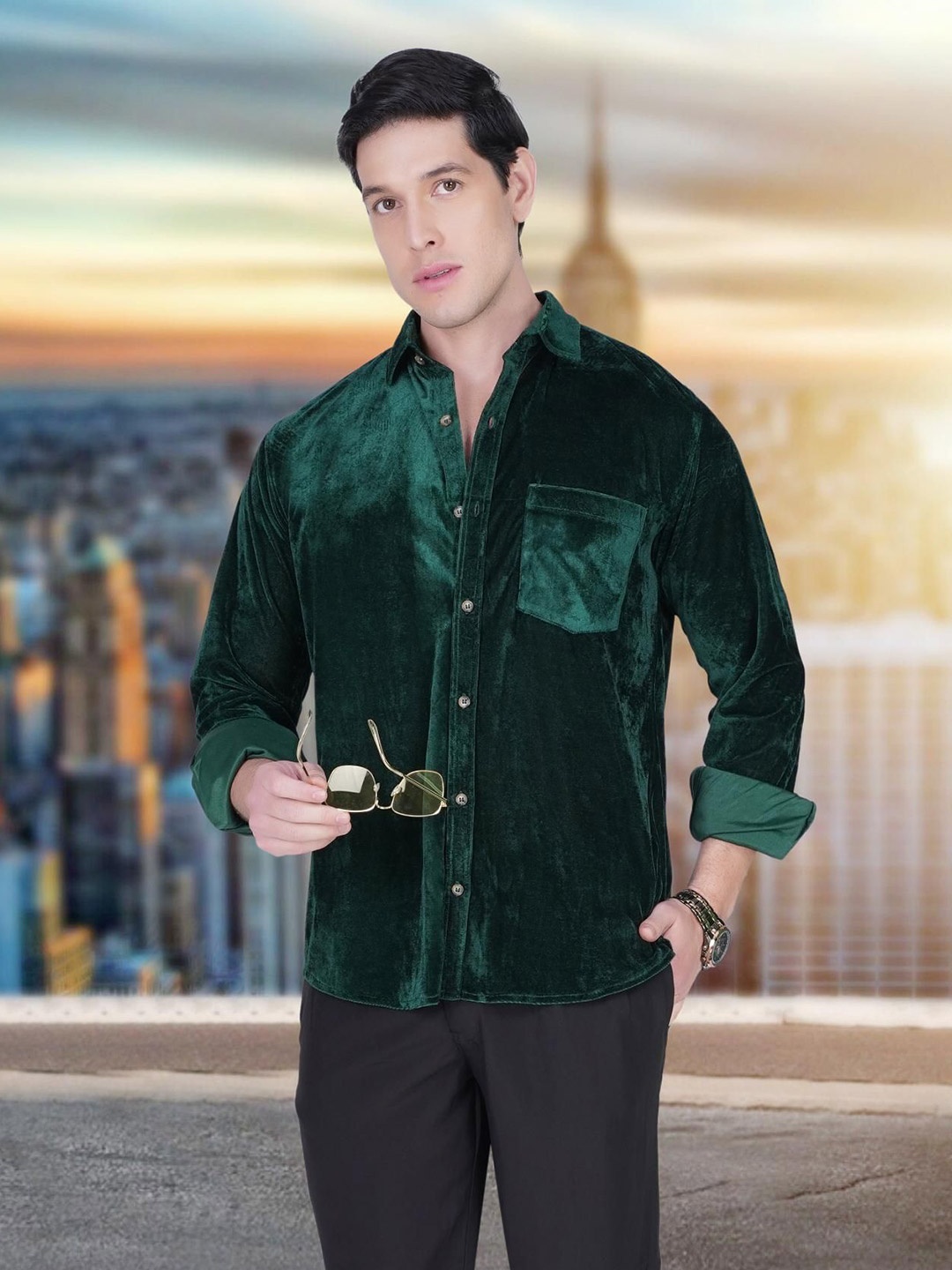 

RANJ Men Comfort Opaque Party Shirt, Green