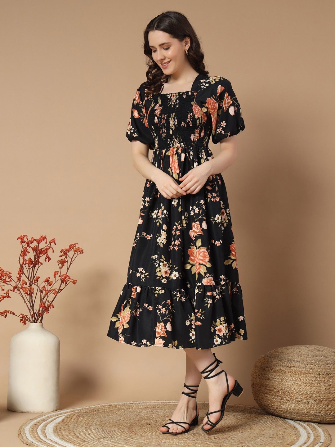 

Vastani Enterprise Print Puff Sleeve Crepe Fit & Flare Dress, Gold