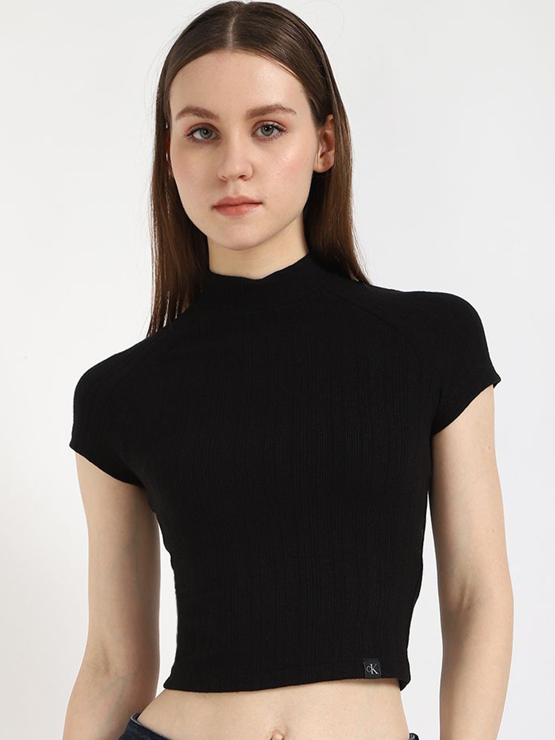 

Calvin Klein Jeans Mandarin Collar Crop Top, Black