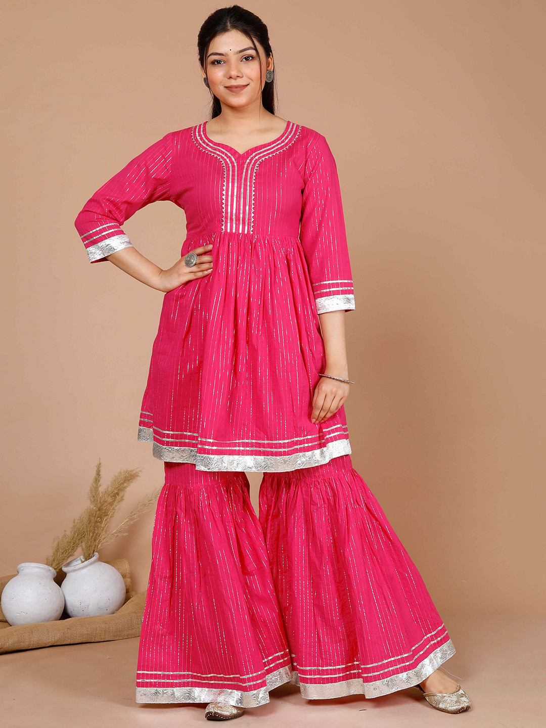 

Doriyaan Women Striped Regular Gotta Patti Pure Cotton Kurti with Sharara, Pink