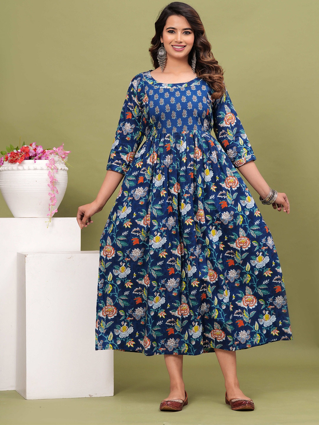 

FEMARY Women Floral Printed Cotton Maternity Fit and Flare Midi Dress, Blue