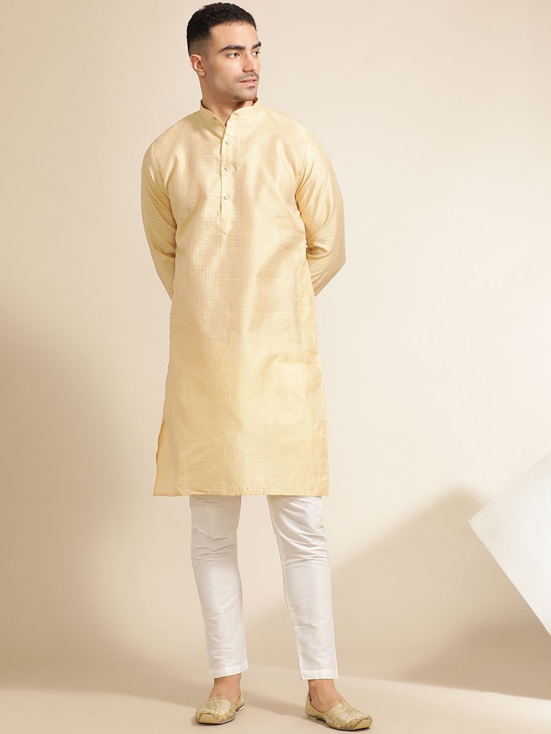 

Jaipur Kurti Floral Woven Design Band Collar Straight Kurta With Pyjama & Nehru Jacket, Beige