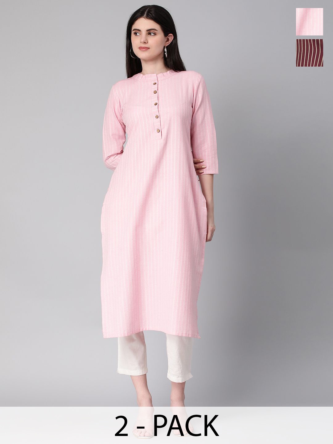 

KALINI Selection Of 2 Striped Round Neck Straight Kurtas, Peach