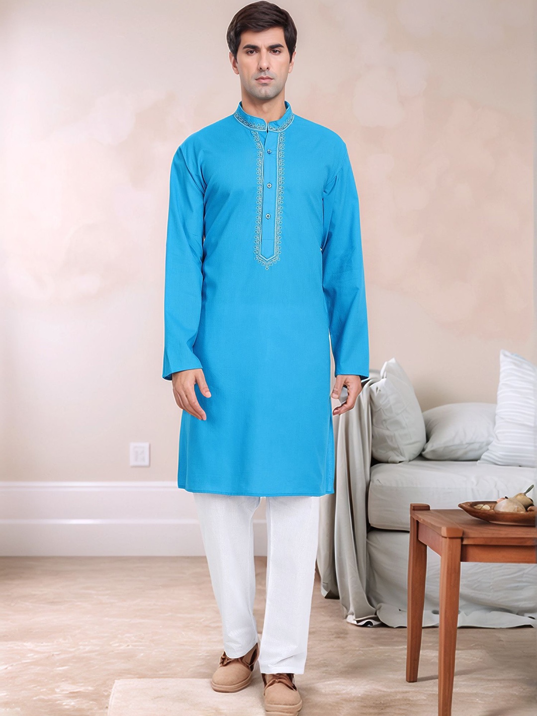 

Moda Rapido Men Embroidered Regular Pure Cotton Kurta with Pyjamas, Turquoise blue