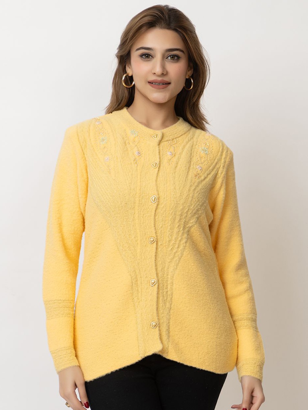 

Lady Leaf Women Self Design Cardigan, Yellow