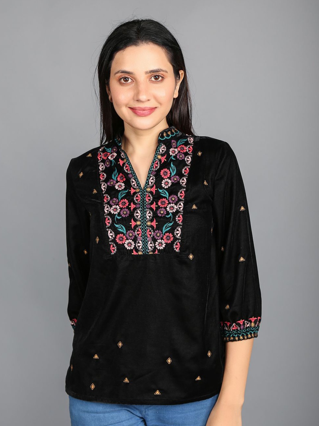 

STIL O STITCH Floral Embroidered A-Line Dress, Black