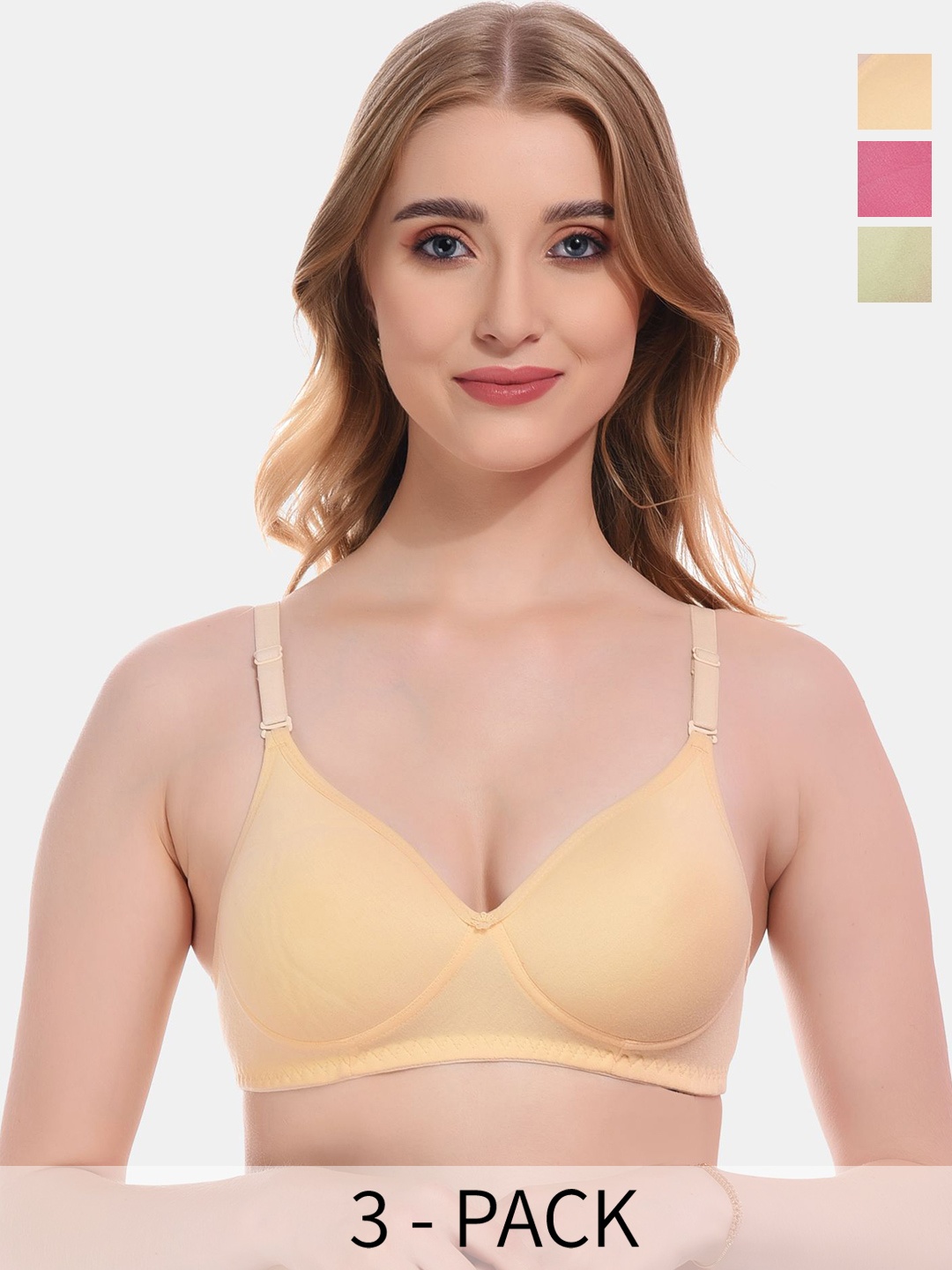 

FUNAHME Pack Of 3 Full Coverage Lightly Padded T-shirt Bra, Green