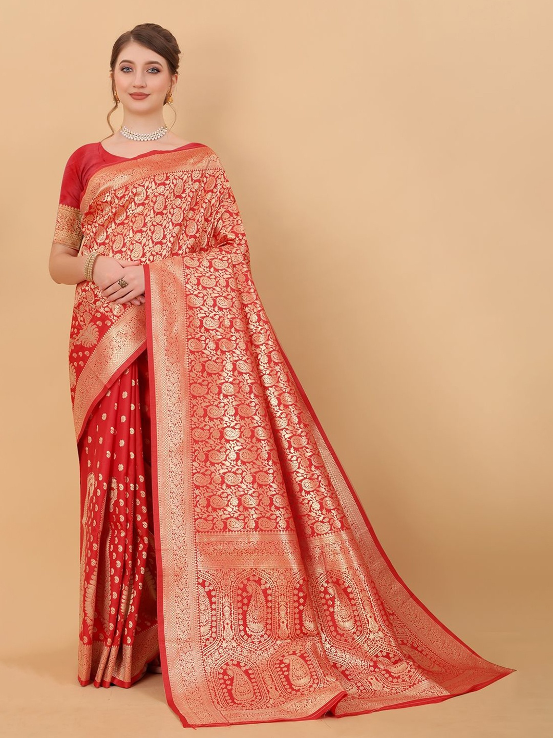 

DHRUTI CREATION Woven Design Zari Pure Silk Heavy Work Saree, Red