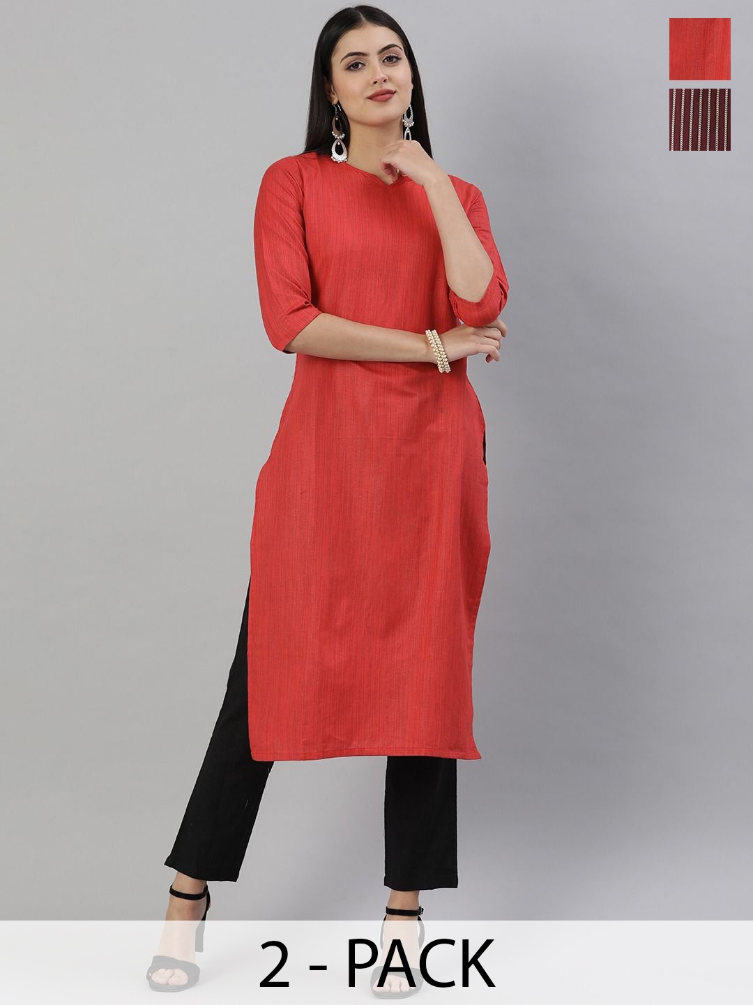 

KALINI Selection Of 2 Notch Neck Cotton Straight Kurtas, Red