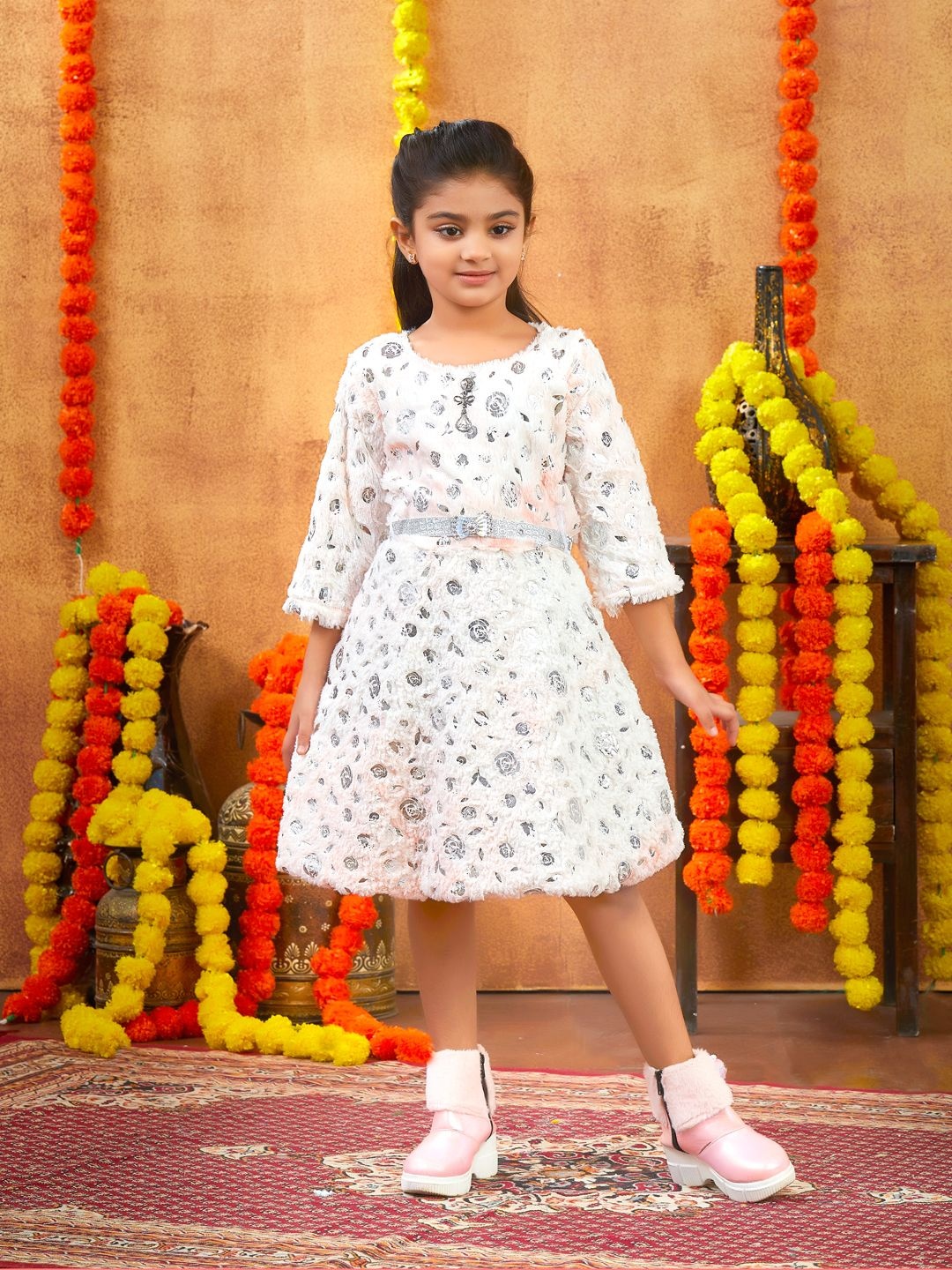 

HERE&NOW Girls Woollen Fit and Flare Dress With Belt, White