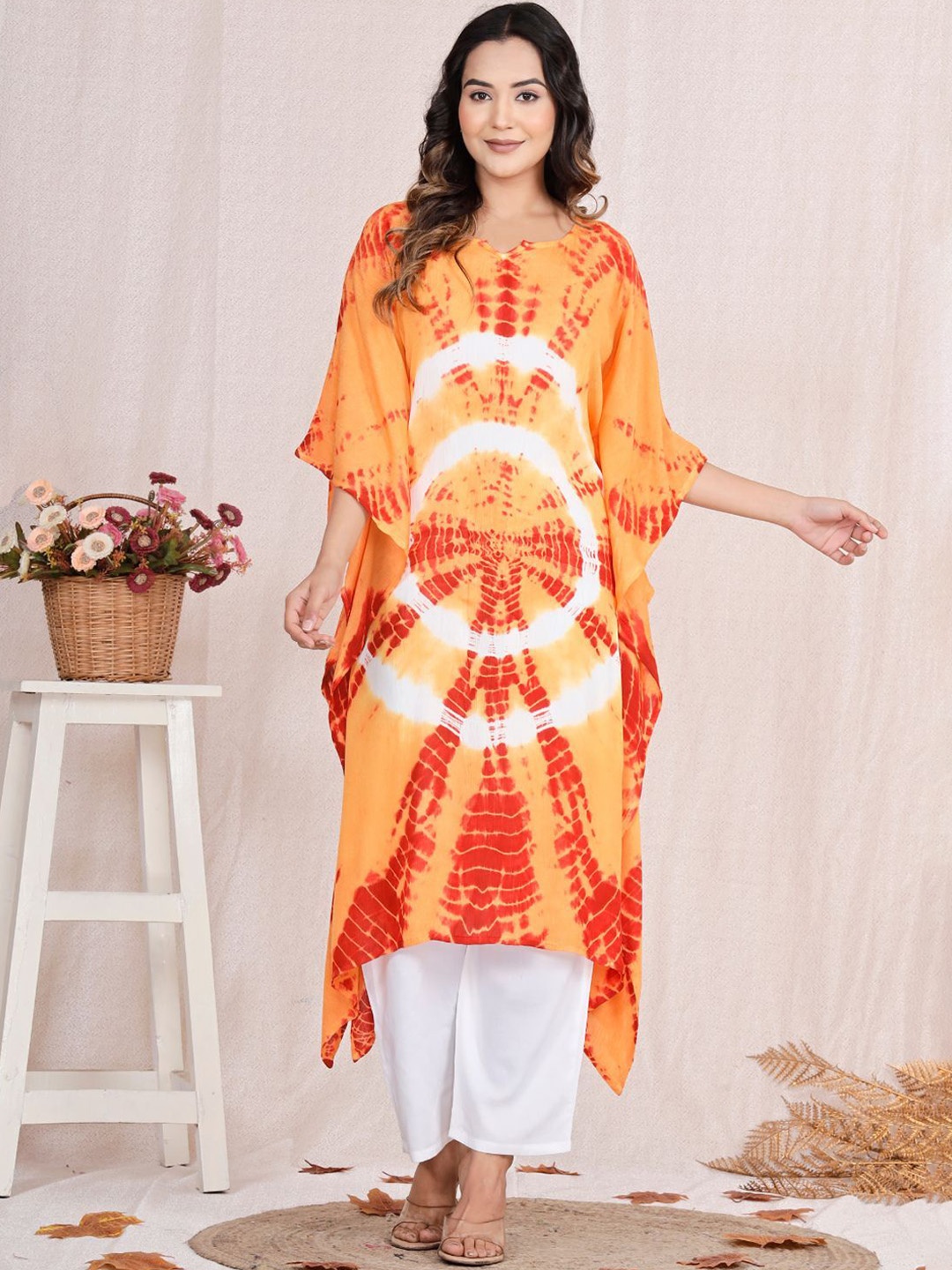 

LYFJ Women Dyed Flared Sleeves Thread Work Asymmetric Crepe Kaftan Kurta, Orange