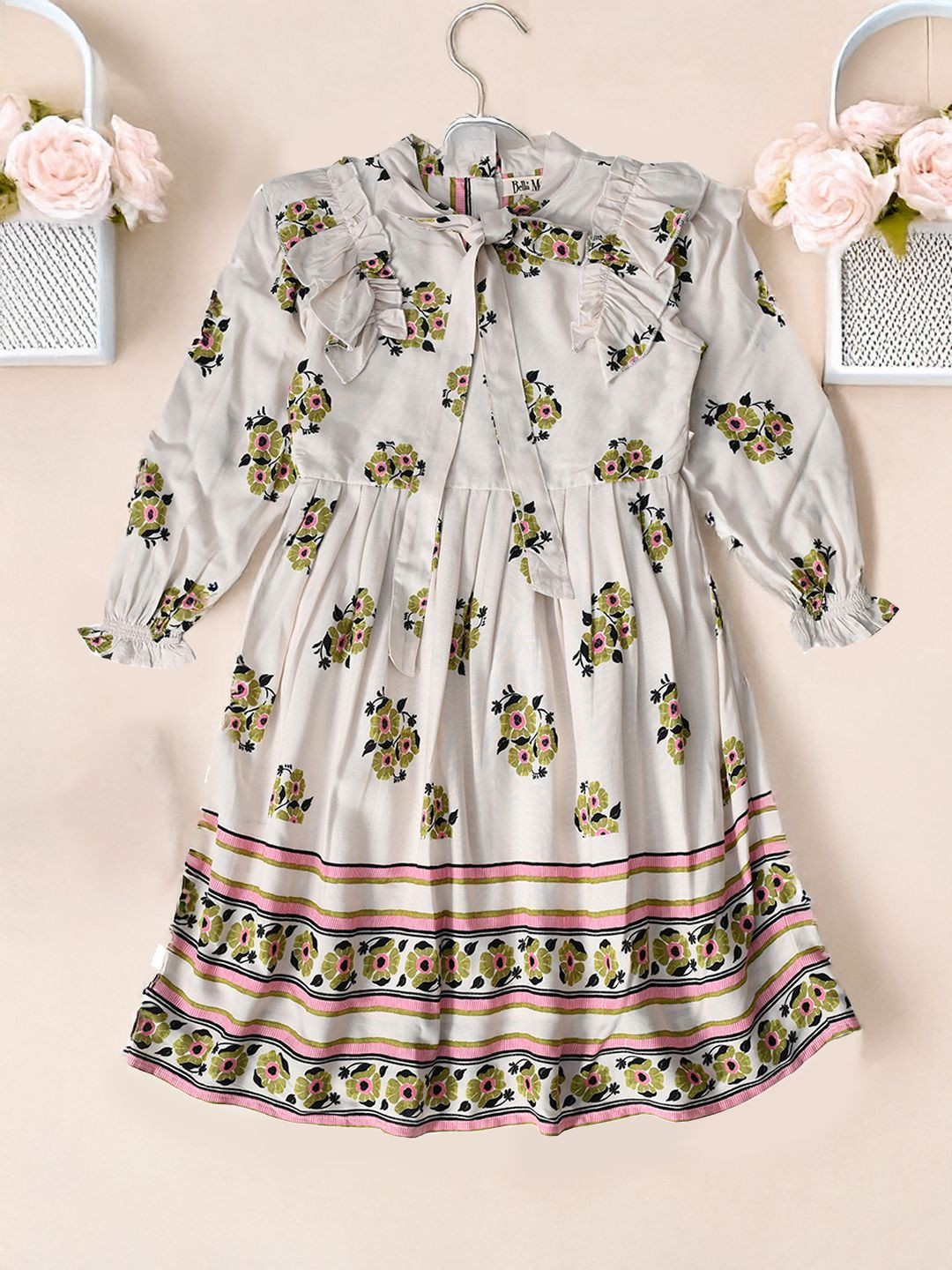 

Bella Moda Girls Floral Printed Cotton Fit - Flare Dress, Off white
