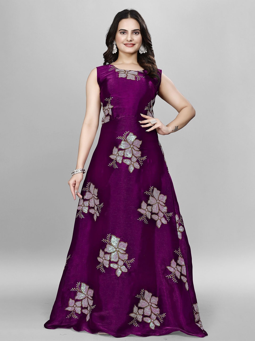 

APNISHA Embellished Embroidered Sequined Sleeveless Net Maxi Gown Dress, Purple