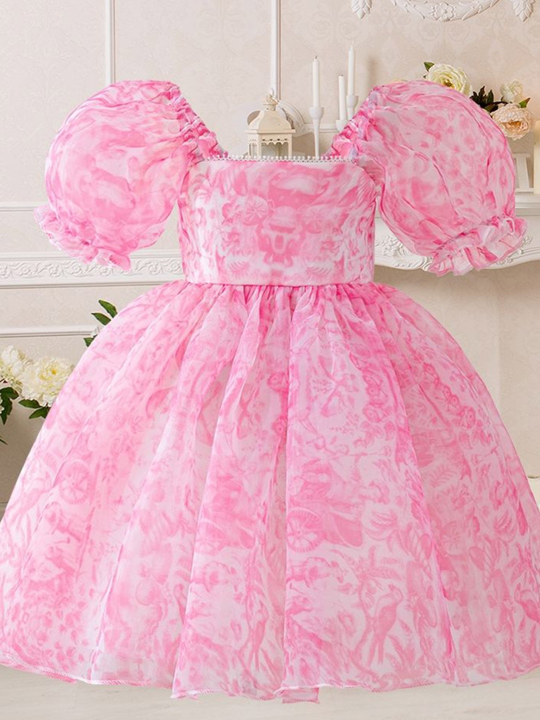 

LULU & SKY Girls Square Neck Puff Sleeve Dress, Pink