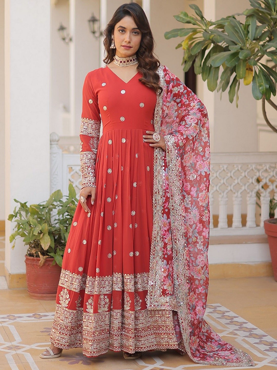 

ZEEPKART Embroidered Angrakha Kurta With Trousers & Dupatta, Red