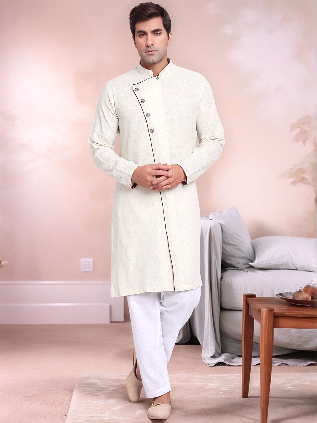 

Moda Rapido Mandarin Collar Angrakha Pure Cotton Kurta With Pyjamas, Off white