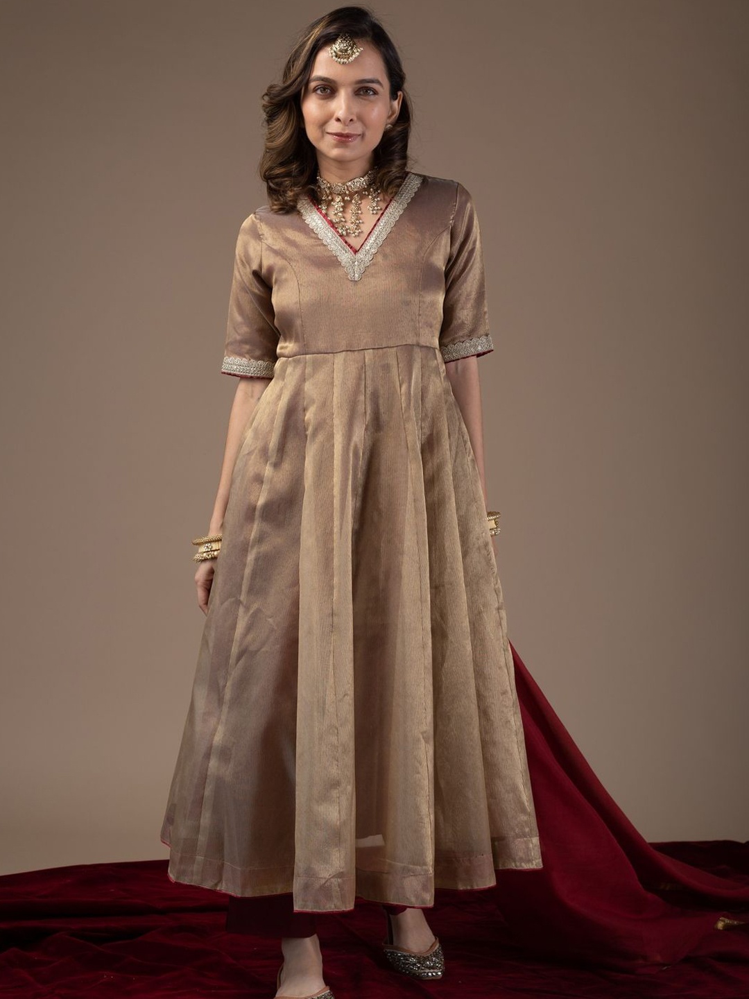 

KUSVAA Women Yoke Design Sequinned Kurta, Copper