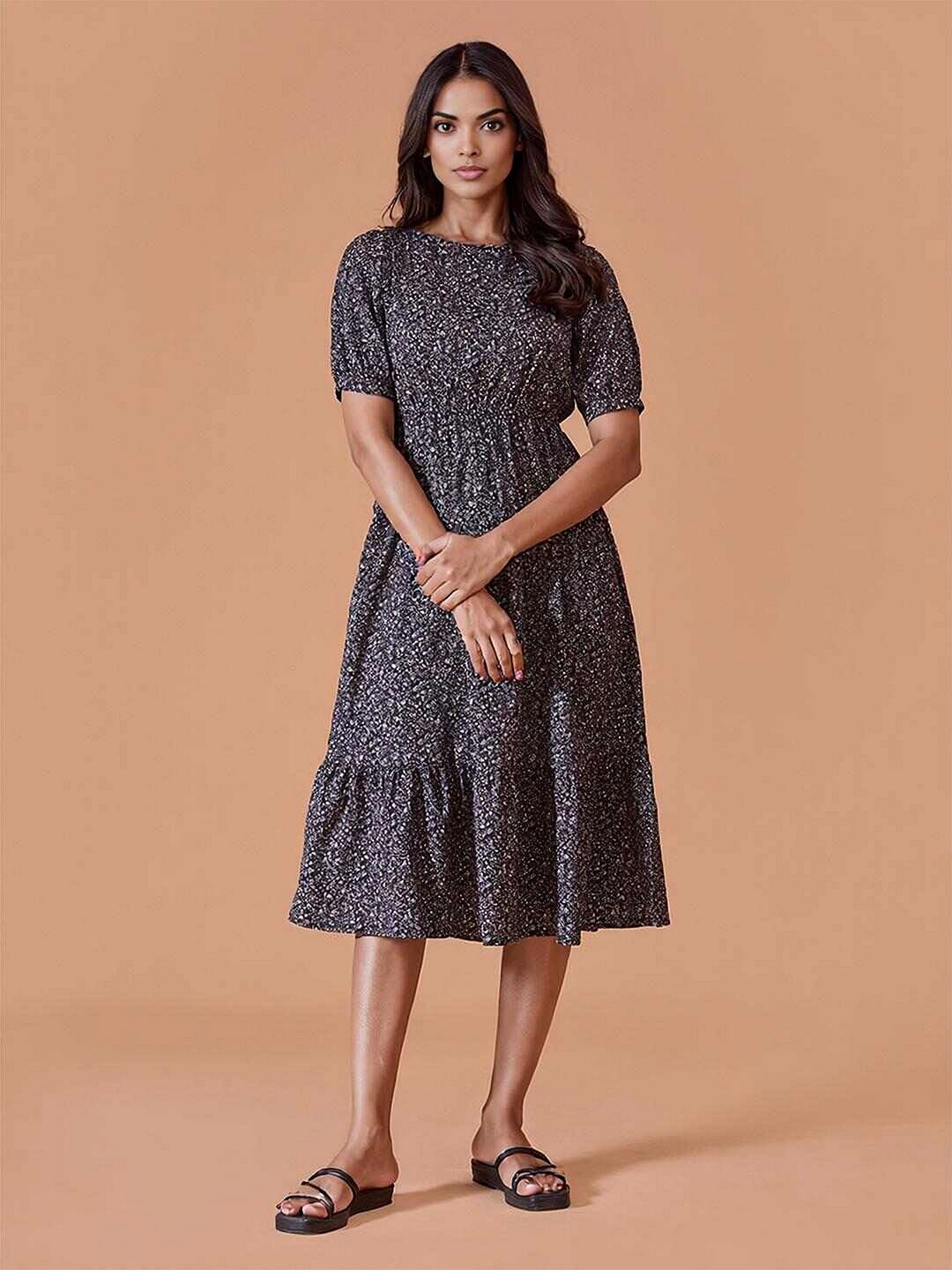 

DressBerry Floral Printed Boat Neck Puff Sleeves Cotton Fit & Flare Midi Dress, Black