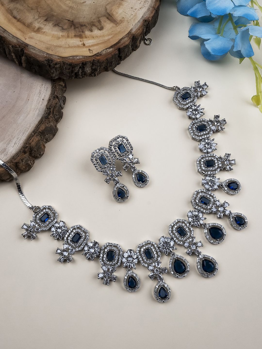 

StileAdda Sliver Plated Cubic Zirconia Studded Jewellery Set, Blue