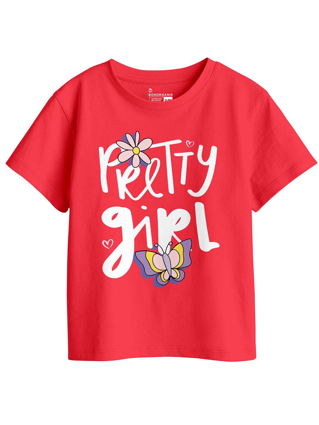 

BonOrganik Girls Printed Pure Cotton T-shirt, Red