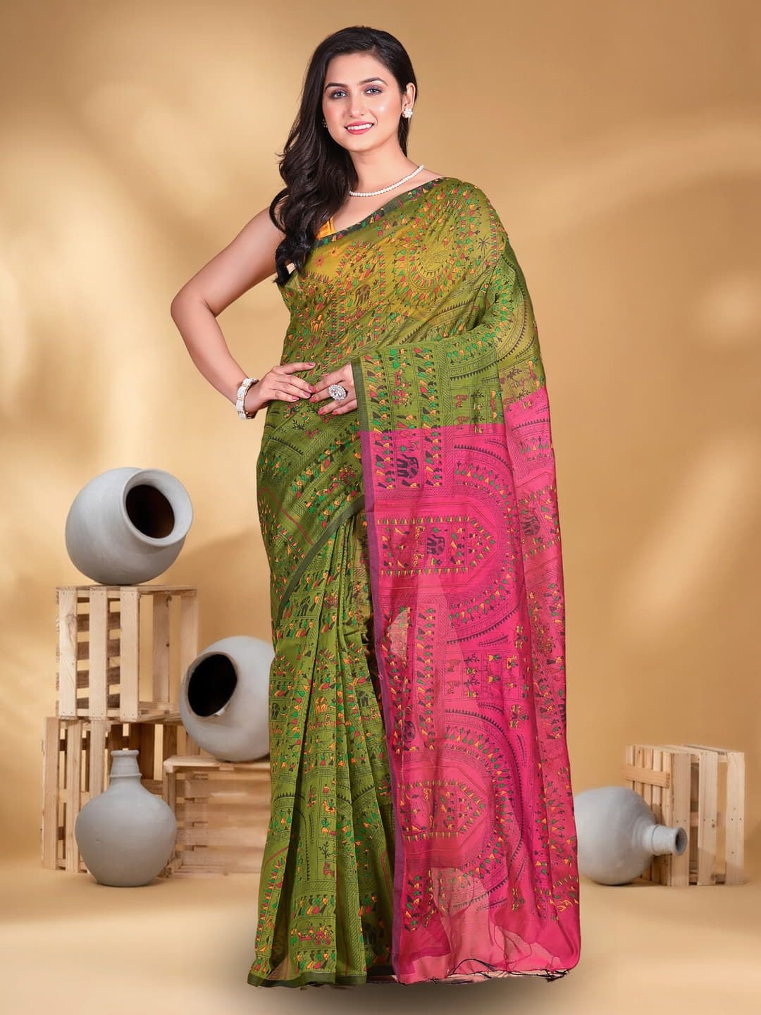 

T.J. SAREES Pure Cotton Block Print Saree, Olive