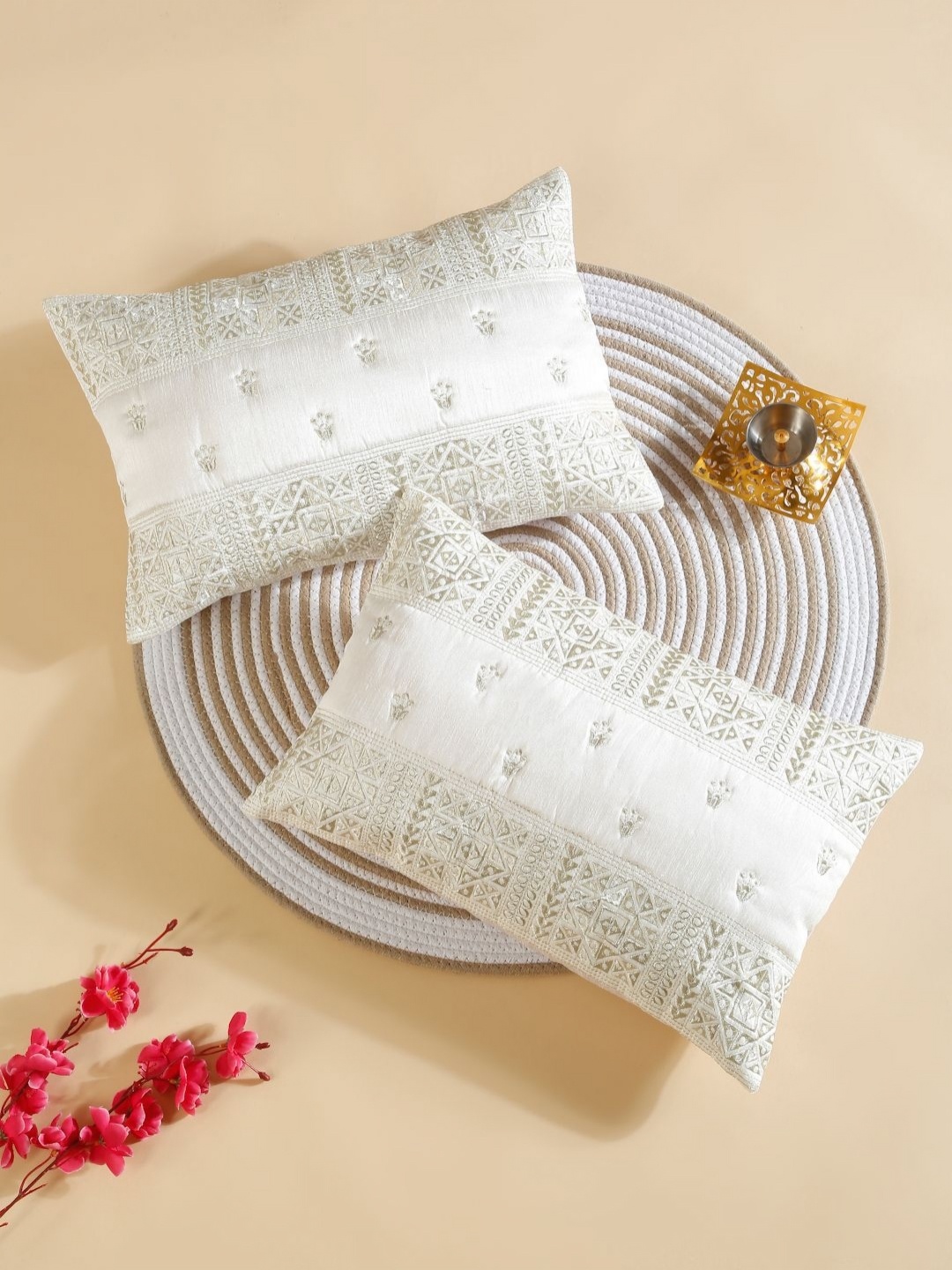 

HOSTA HOMES White 2 Pieces Ethnic Motifs Embroidered Silk Rectangle Cushion Covers