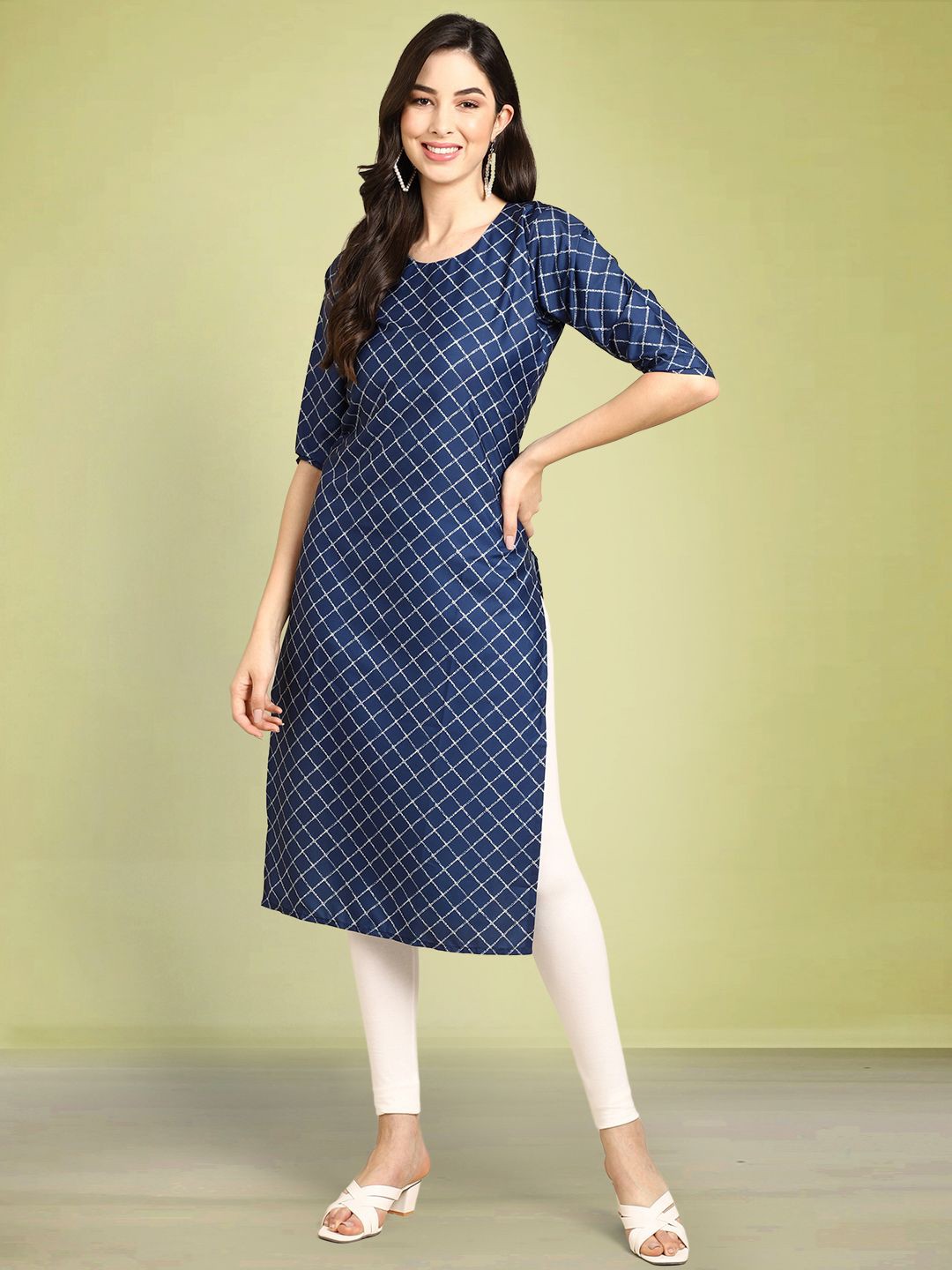 

Moda Rapido Checked Round Neck Straight Kurta, Blue