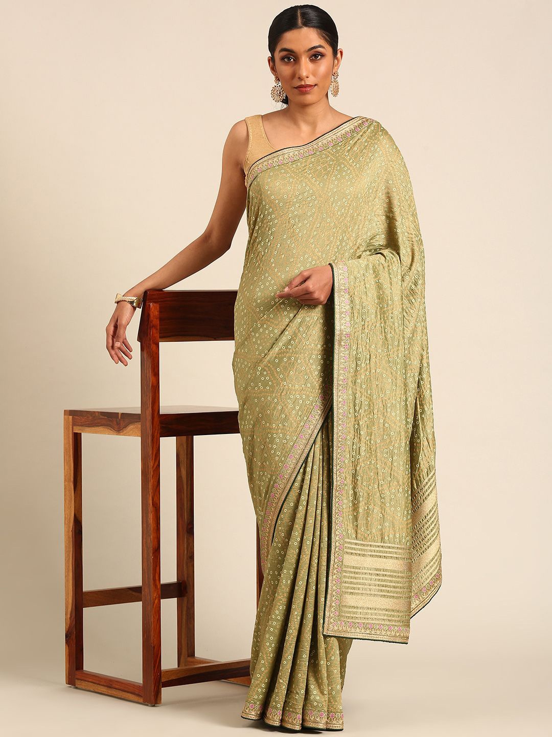

Panzora Bandhani Printed Embroidered Saree, Green