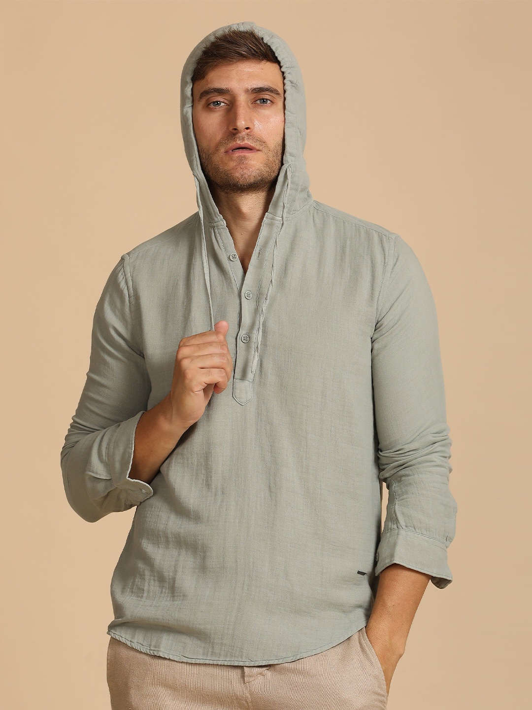 

POE Men Zevin - Double Layered Hooded Shirt - Pista, Sea green