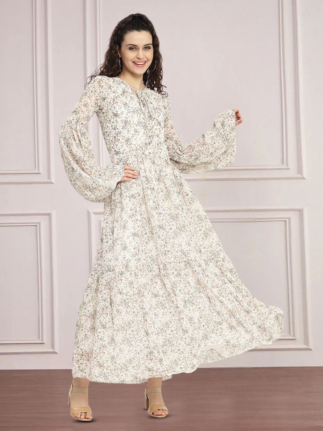 

MISS AYSE Floral Print Tie-Up Neck Applique Fit & Flare Dress, White