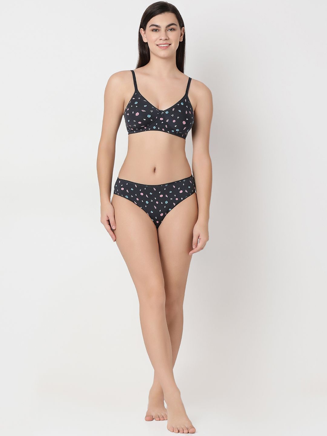 

Juliet Printed Cotton Non-Padded Cotton Lingerie Set, Black
