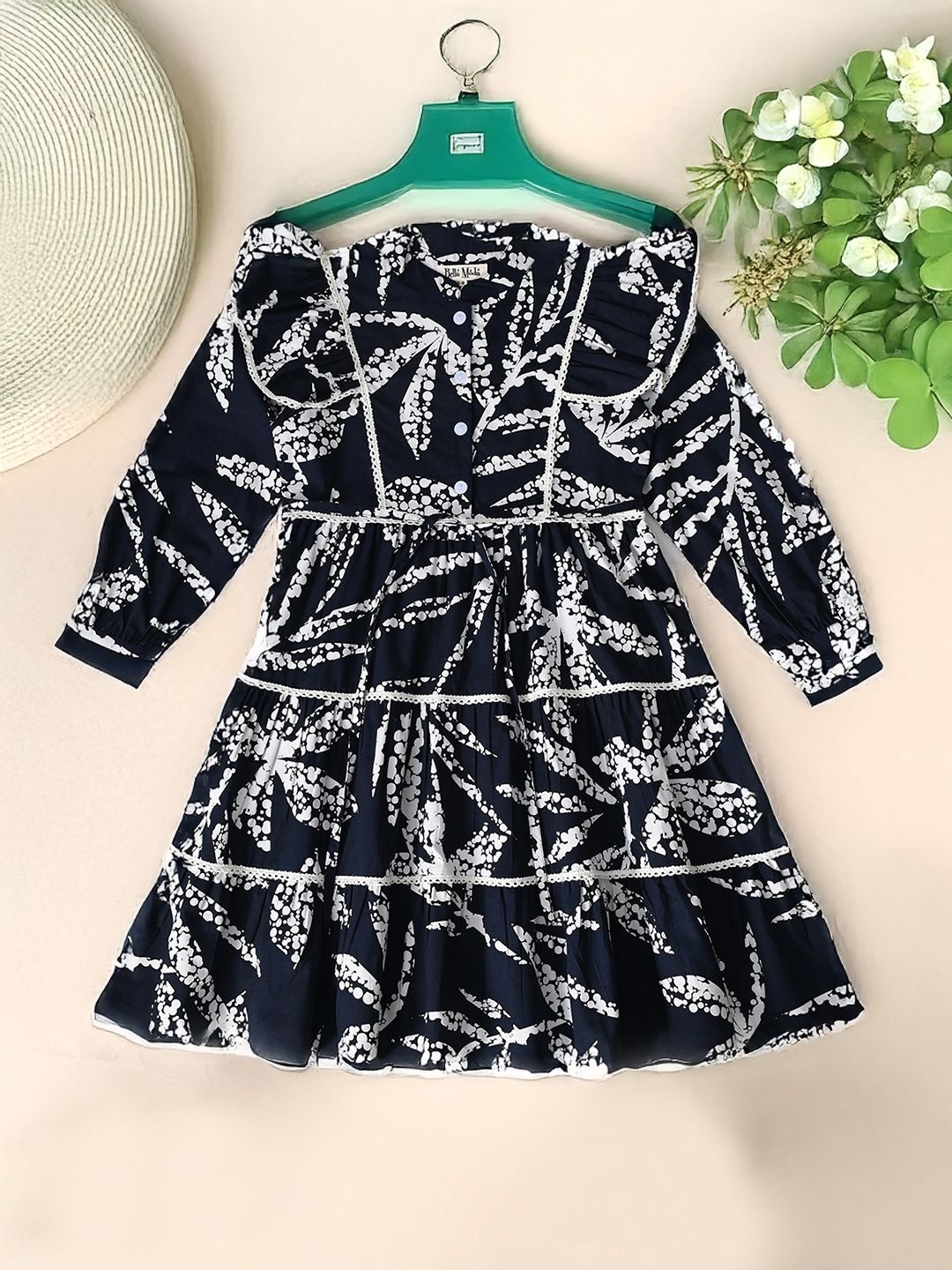 

Bella Moda Girls Mandarin Collar Cotton Fit and Flare Dress, Navy blue