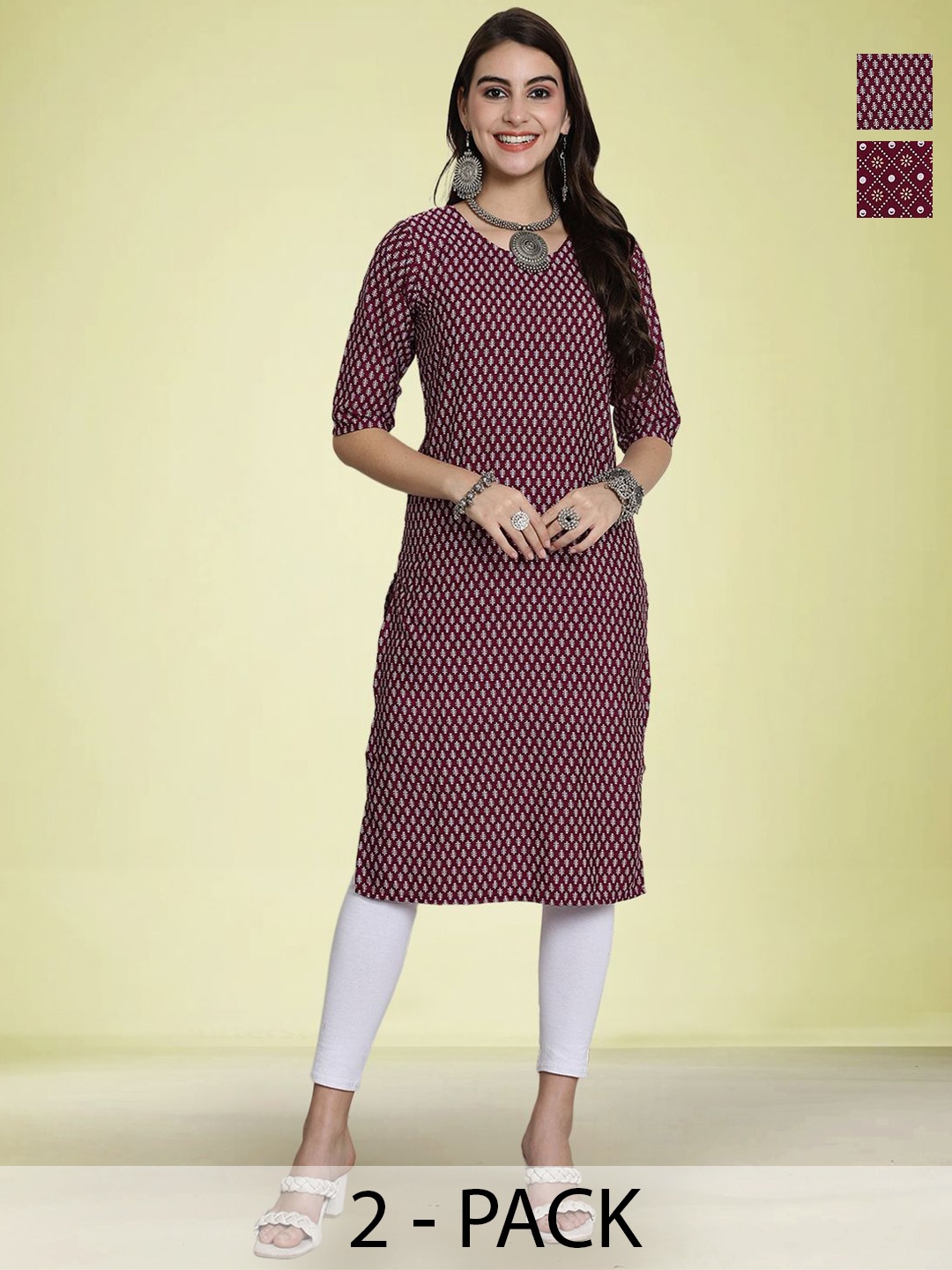 

Moda Rapido Selection Of 2 Ethnic Motifs Printed Round Neck Straight Kurtas, Maroon
