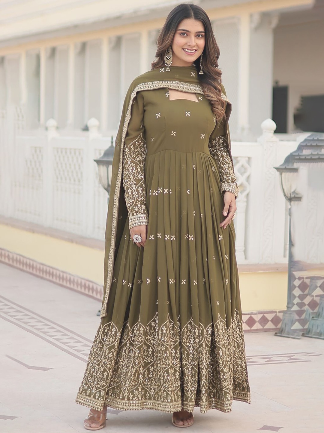 

Fashion Basket Ethnic Motifs Sequence Embroidered Maxi Ethnic Dress With Dupatta, Olive