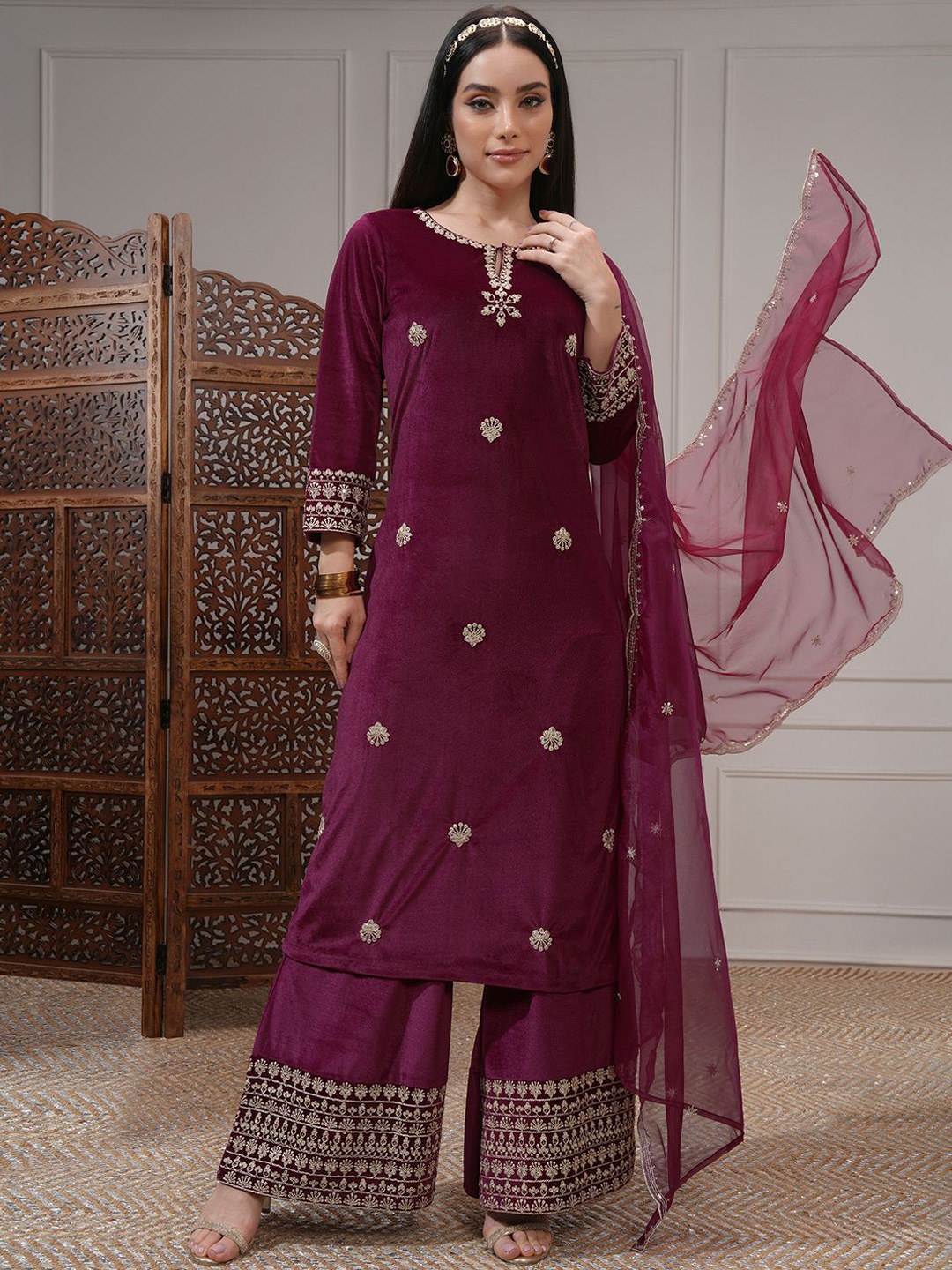 

Vishudh Women Ethnic Motifs Embroidered Regular Sequinned Kurta with Trousers & With Dupatta, Burgundy