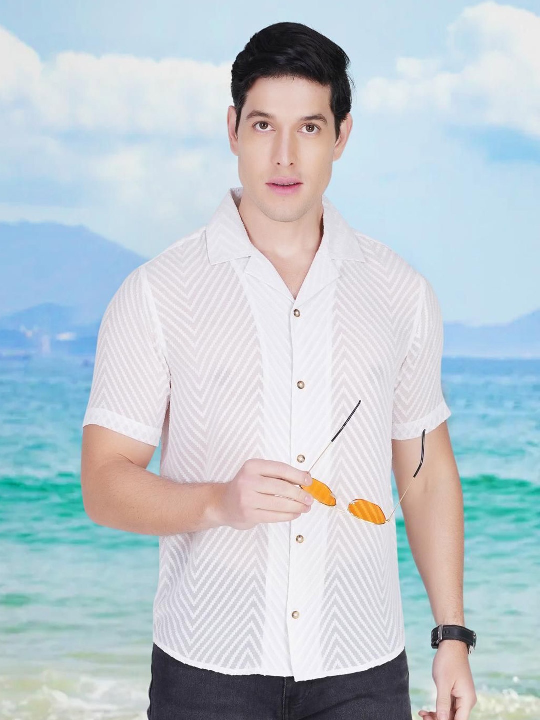 

RANJ Men Relaxed Semi Sheer Casual Shirt, White