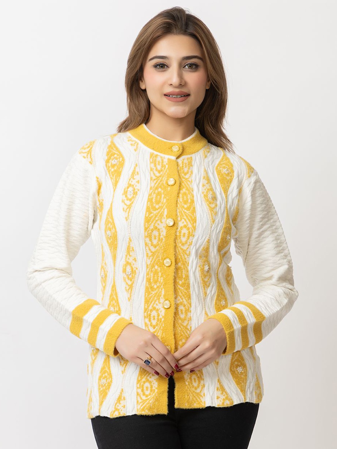 

Lady Leaf Women Self Design Embroidered Cardigan, Yellow