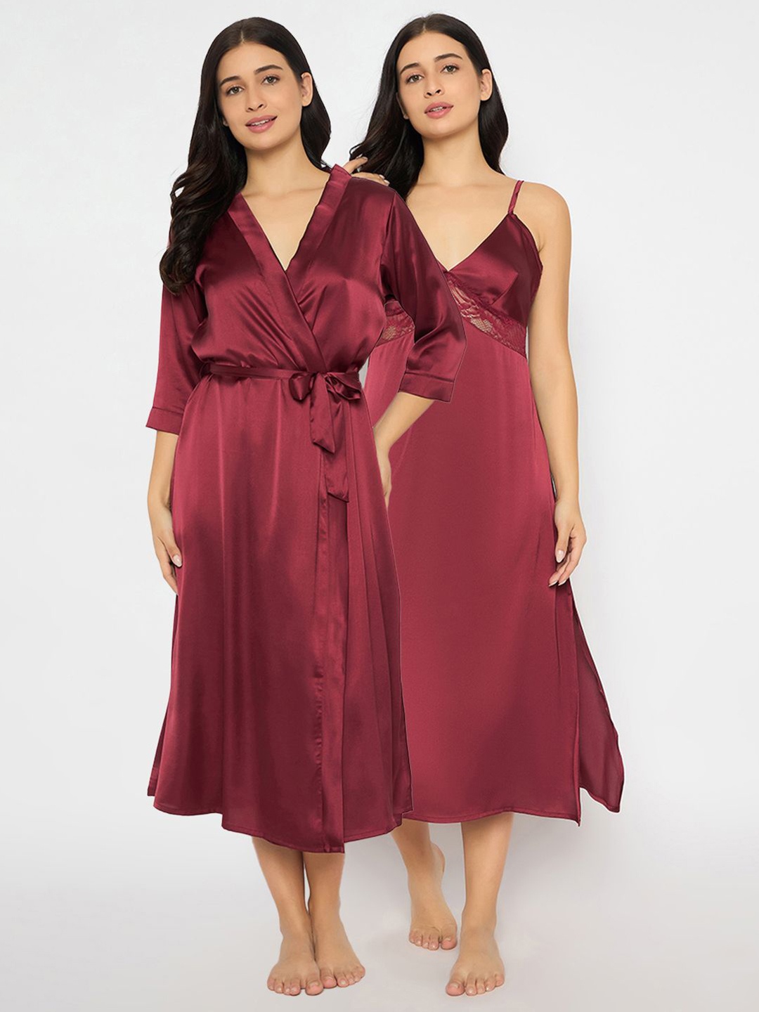 

Clovia Women Satin Nightdress With Robe, Maroon