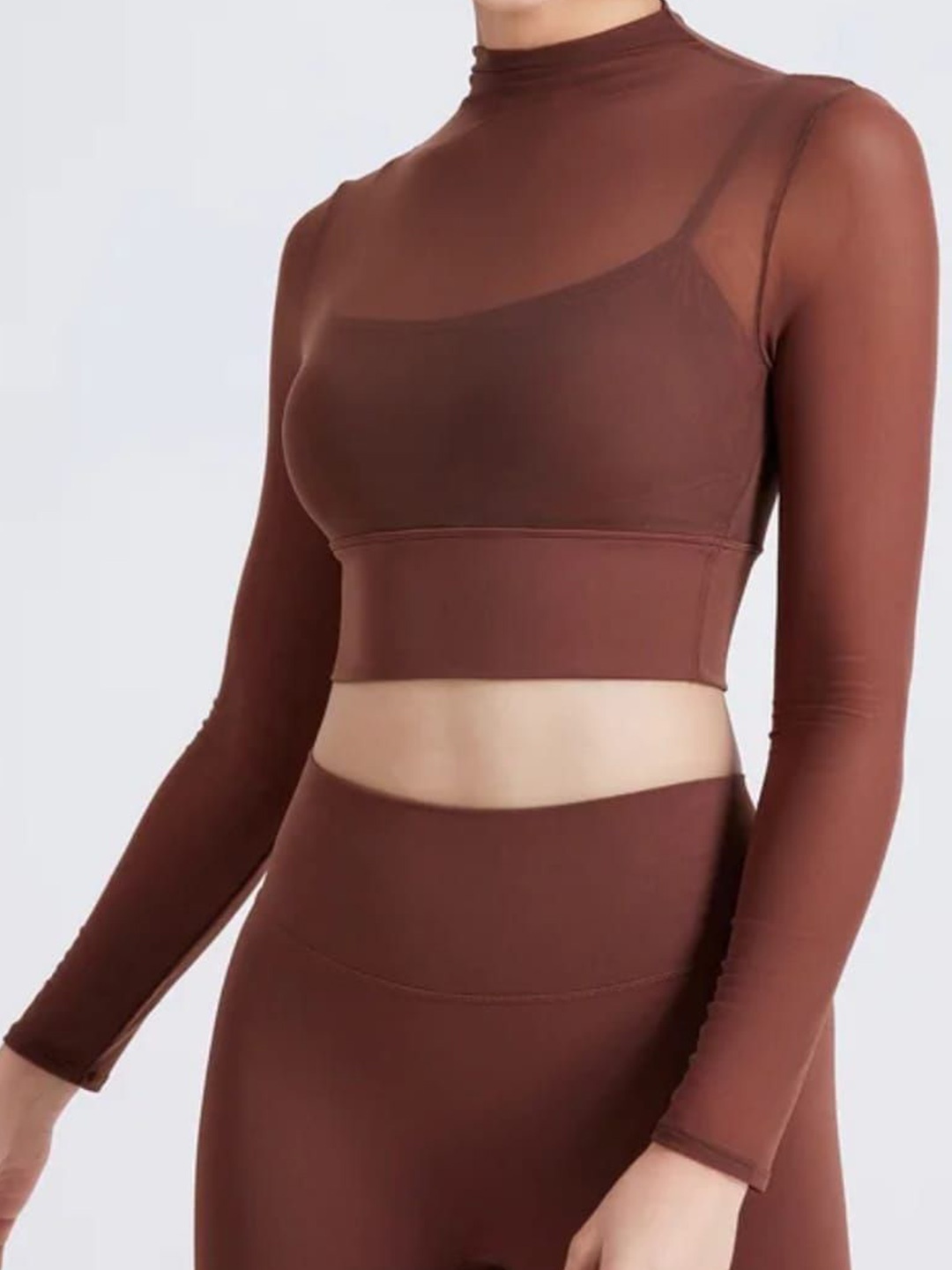 

HIGH BUY Choker Neck Net Crop Top, Brown