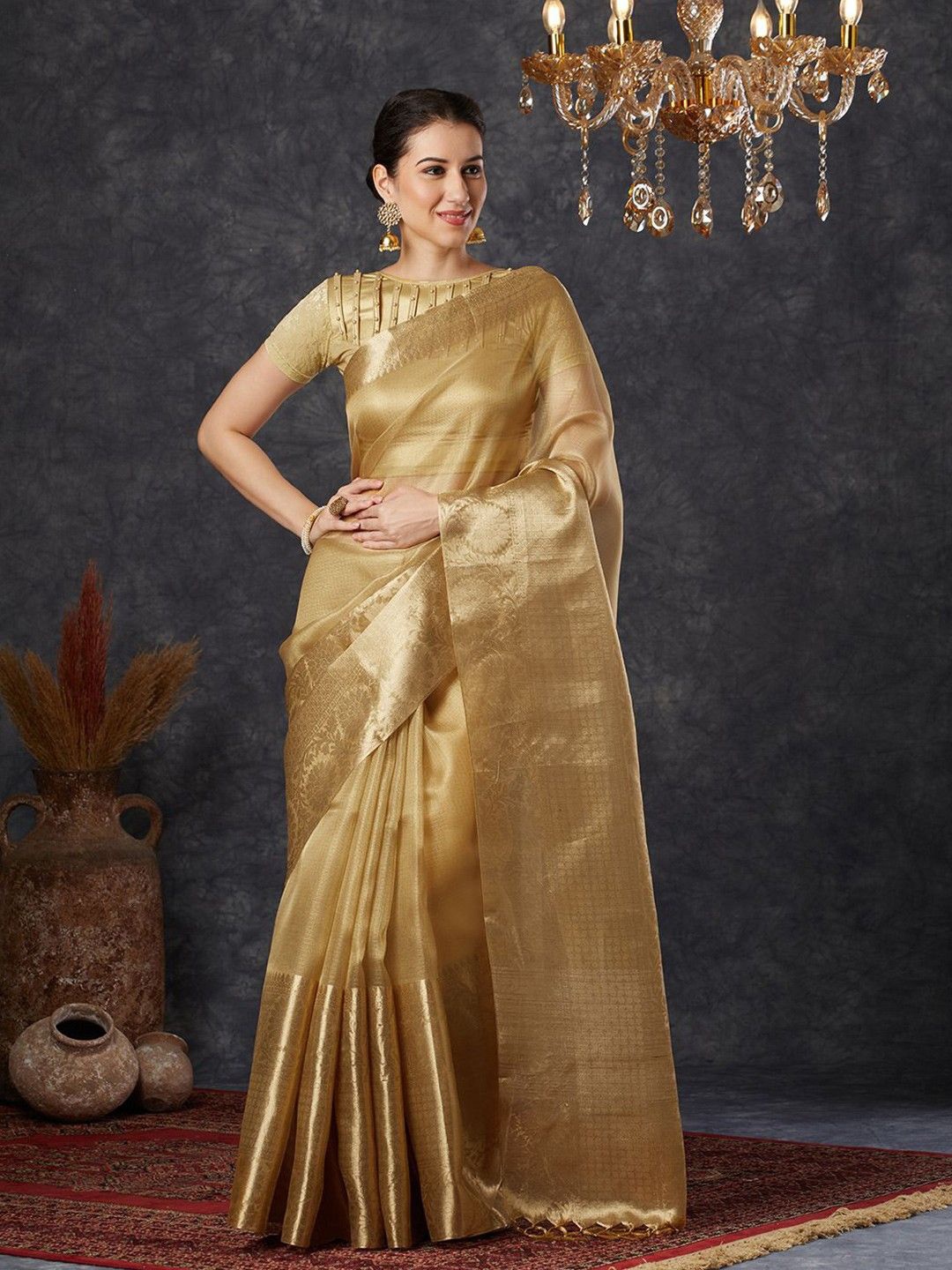 

VILLAGIUS Woven Design Zari Tissue Banarasi Saree, Beige
