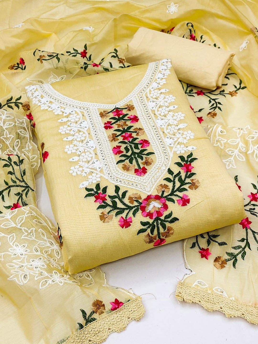 

HMP Fashion Floral Embroidered Jacquard Chanderi Unstitched Dress Material, Yellow