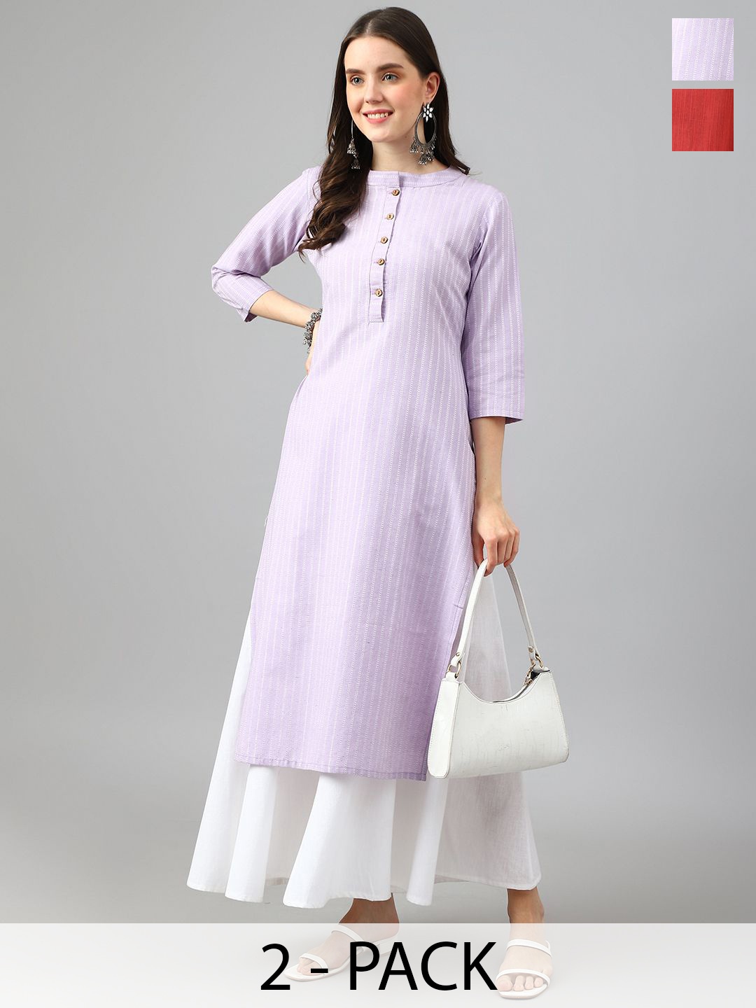 

KALINI Selection Of 2 Striped Mandarin Collar Straight Kurtas, Lavender