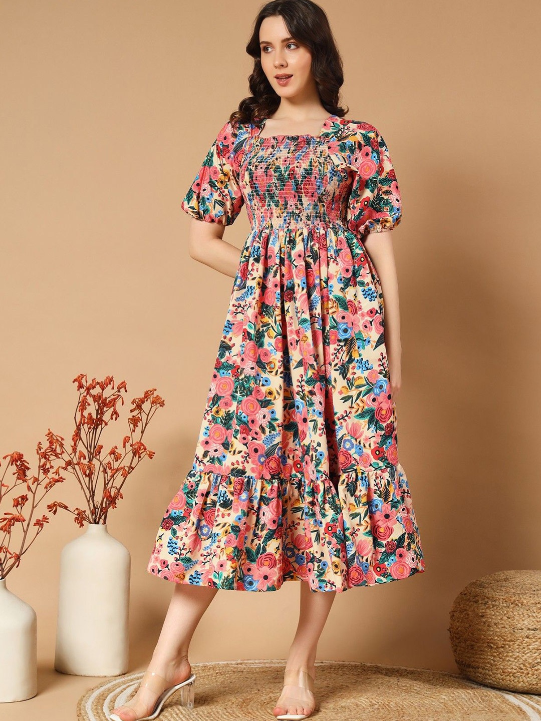 

Vastani Enterprise Floral Print Puff Sleeve Fit & Flare Midi Dress, Blue