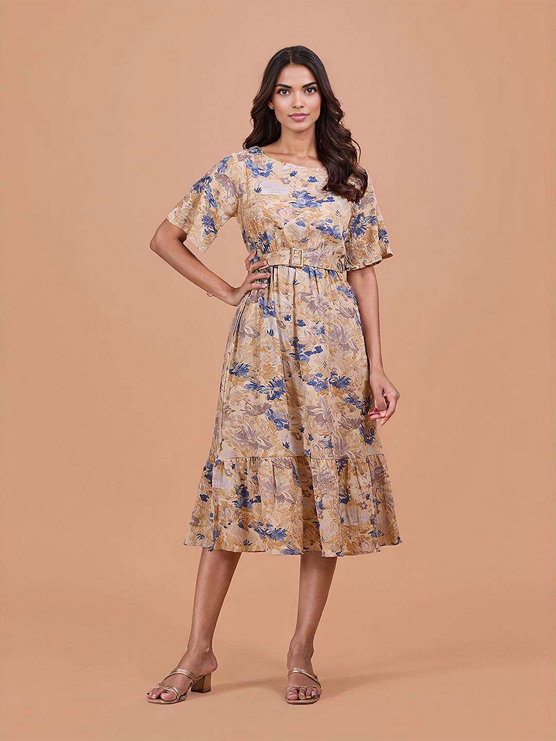 

DressBerry Women Floral Print Midi Fit & Flare Dress, Yellow